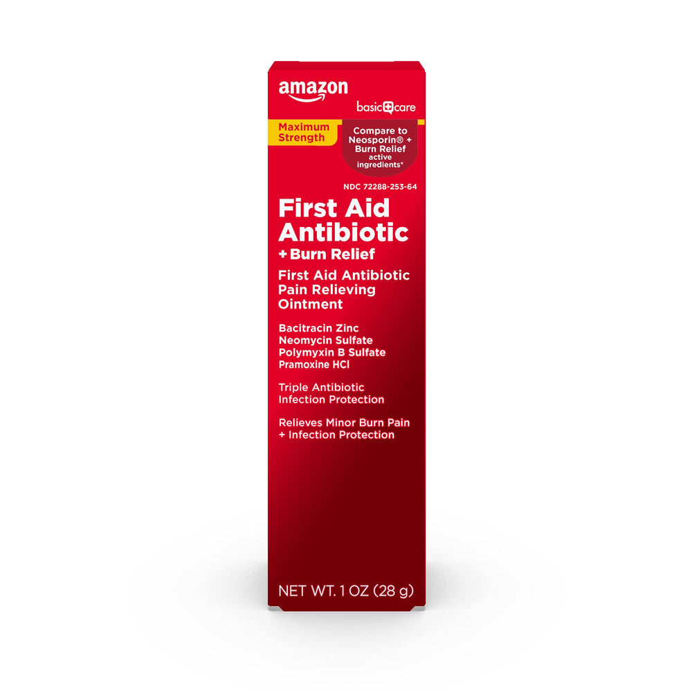 Amazon Basic Care First Aid Antibiotic + Burn Relief tube front view for quick minor wound care