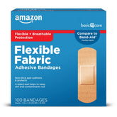Amazon Basic Care flexible fabric bandage on skin shows breathable, secure coverage