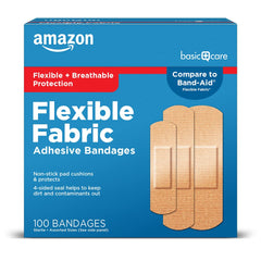 Amazon Basic Care Flexible Fabric Bandages shown in a front-pack view for versatile minor-wound care.