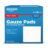 Amazon Basic Care gauze pads close-up view, 4x4 inch sterile dressing for minor wound care.