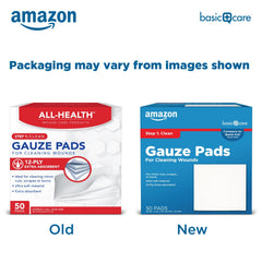 Amazon Basic Care gauze pads sterile packaging makes first aid ready and safe.