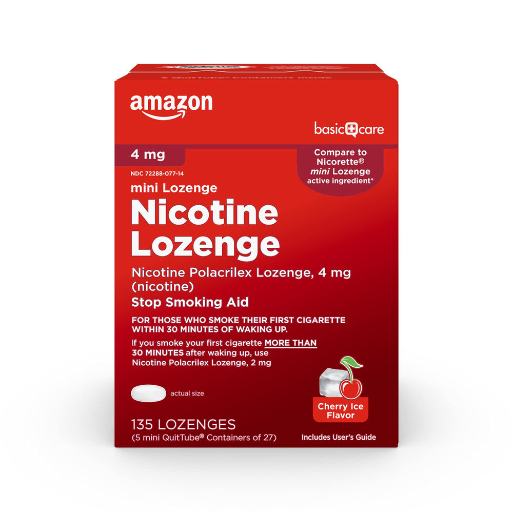 Amazon Basic Care Mini Nicotine Lozenge 4 mg Cherry Ice packaging for discreet quit support.