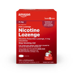 Amazon Basic Care Mini Nicotine Lozenge 4 mg Cherry Ice packaging for discreet quit support.