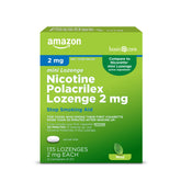 Amazon Basic Care mini nicotine lozenge 2 mg mint packaging shown for quit support.