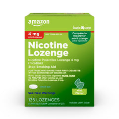 Amazon Basic Care mini nicotine lozenge mint packaging supports quitting with convenient use.