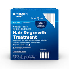 Amazon Basic Care Minoxidil foam bottle closeup for easy daily application