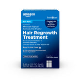 Amazon Basic Care Minoxidil 5% Foam bottle for men's hair regrowth on a clean surface.