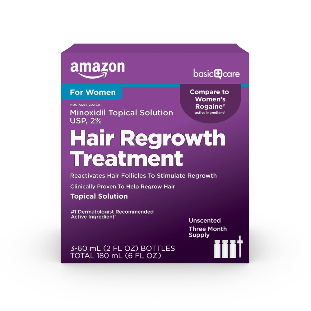 Amazon Basic Care minoxidil 2% women bottle for at-home hair regrowth