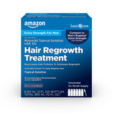 Amazon Basic Care Minoxidil 5% bottle designed for crown thinning and easy daily use.