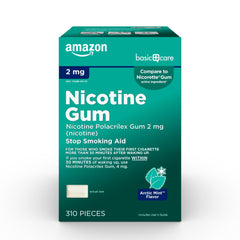 Amazon Basic Care nicotine gum 2 mg Arctic Mint on box front for craving relief
