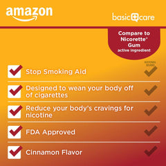 Amazon Basic Care nicotine gum 4 mg cinnamon pack back lists usage guidelines