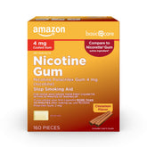 Amazon Basic Care nicotine gum 4 mg cinnamon pack front promotes easy craving management