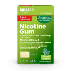 Amazon Basic Care nicotine gum 4 mg with cool mint; foil wrapper for cravings control.