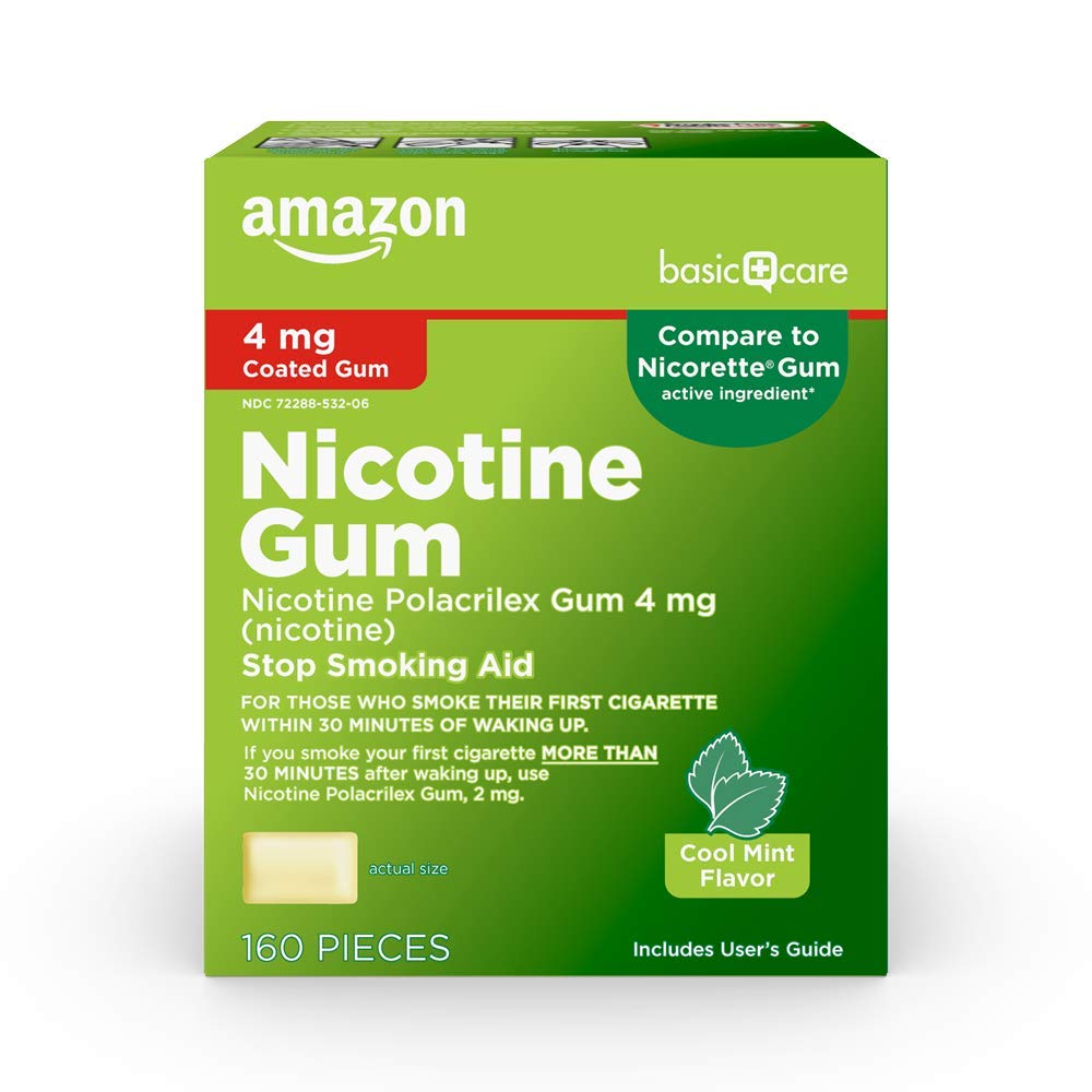 Amazon Basic Care nicotine gum 4mg mint pack front shows packaging and flavor cue for quit support