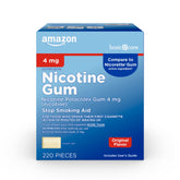 Amazon Basic Care nicotine gum 4 mg original flavor box helps manage cravings.