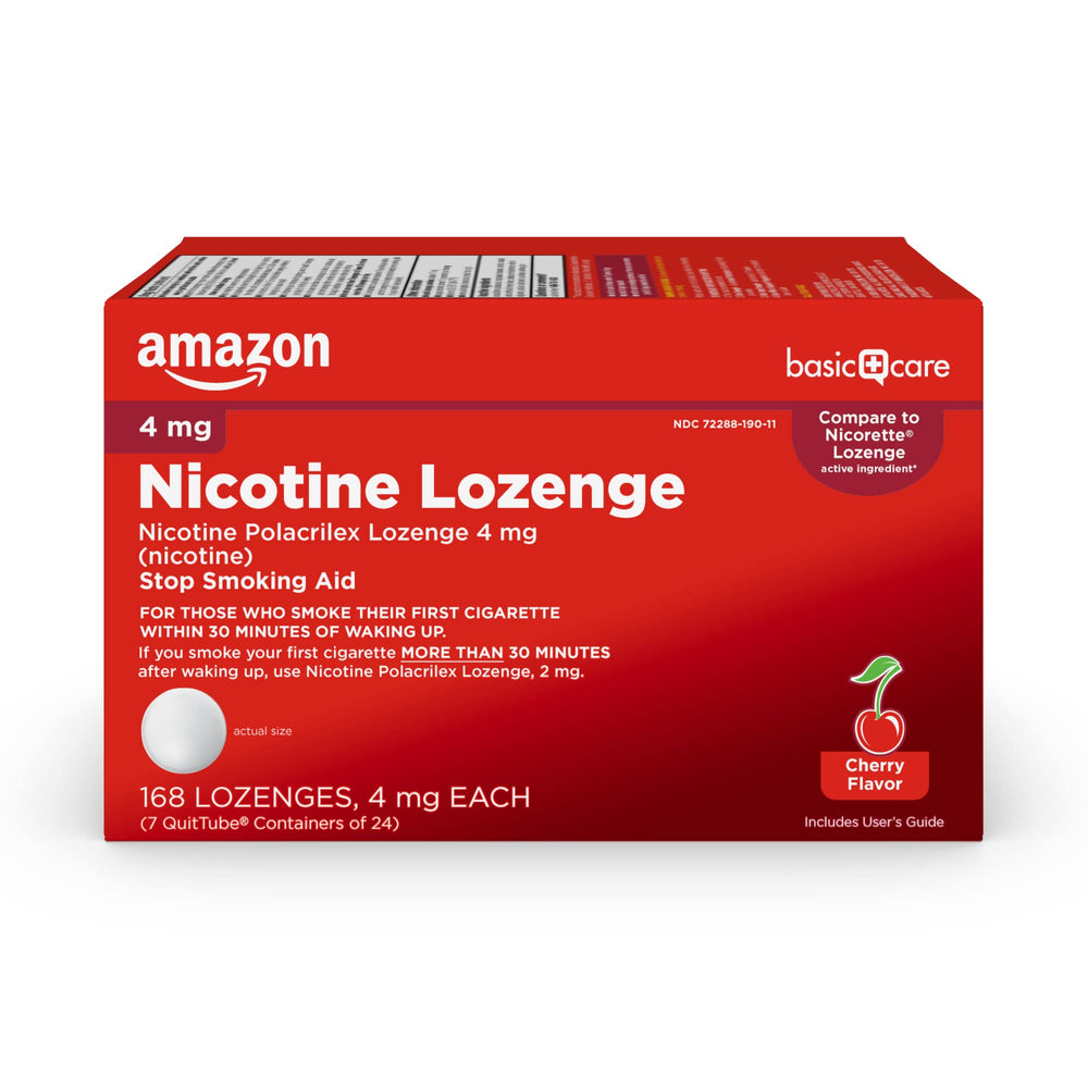 Amazon Basic Care Nicotine Lozenge 4 mg cherry packshot showing the craving relief option