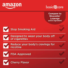 Amazon Basic Care Nicotine Lozenge 4 mg cherry tablets closeup for convenient use