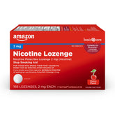 Amazon Basic Care nicotine lozenge cherry bottle offers portable craving relief.