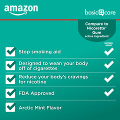 Amazon Basic Care nicotine gum 4 mg mint packaging detail helps identify this NRT option for reliable quit support.