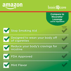 Close-up of Amazon Basic Care Nicotine Polacrilex Lozenge mint lozenge for discreet use.