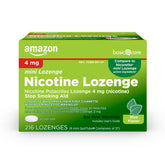 Amazon Basic Care nicotine polacrilex mini lozenge 4 mg mint pack, supports cravings relief.