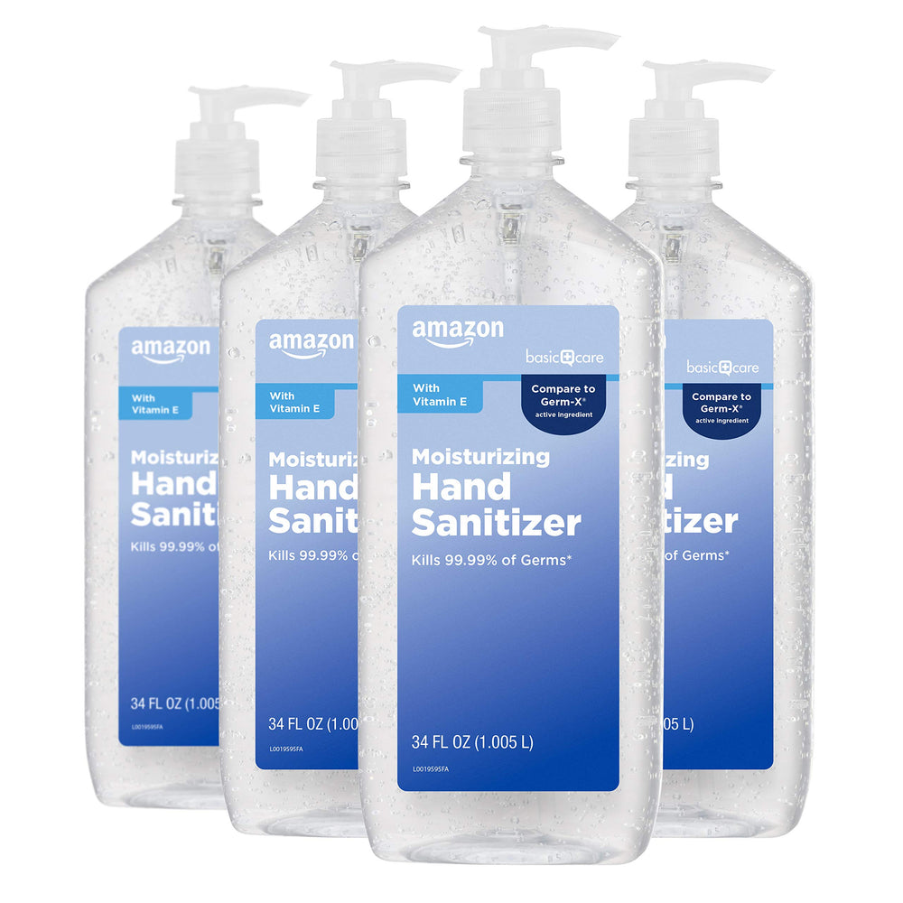 Amazon Basic Care Original Hand Sanitizer 34oz bottle for quick sanitizing on the go.