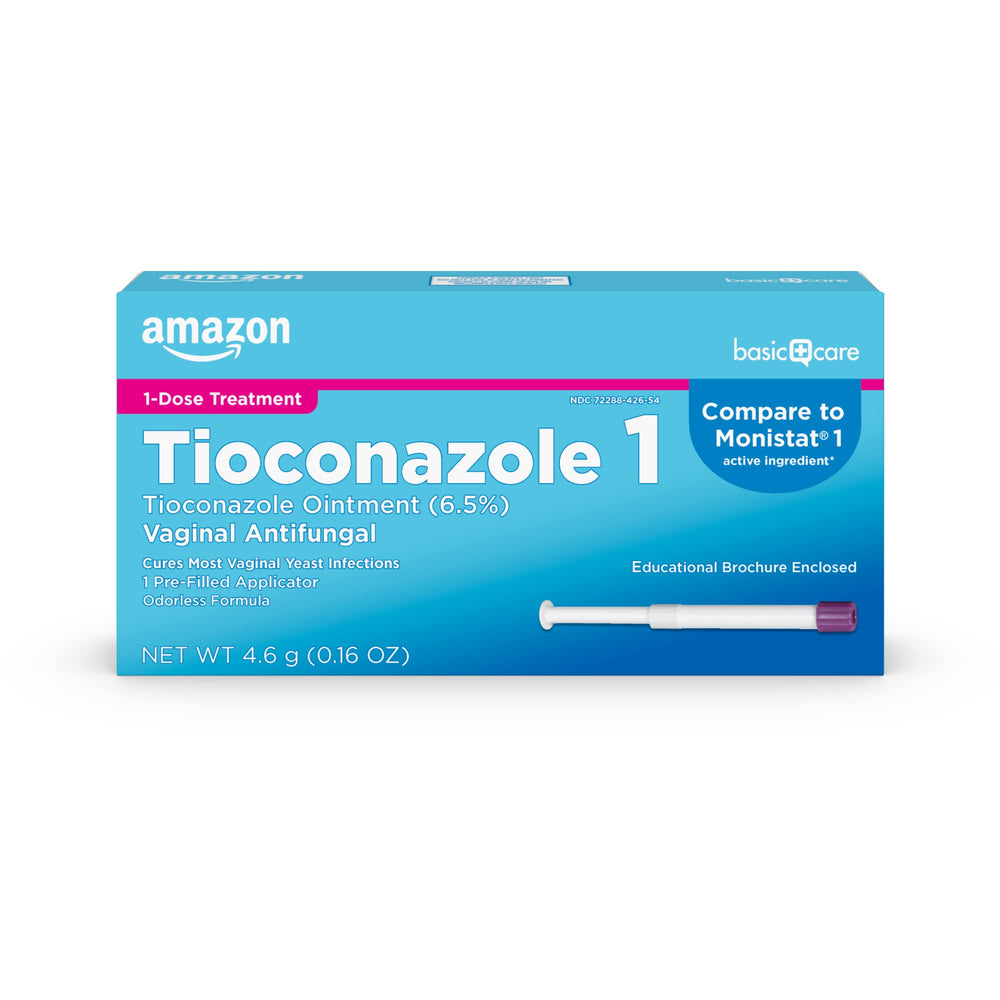 Amazon Basic Care Tioconazole Ointment with a pre-filled applicator for convenient one-dose treatment.