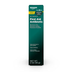 Amazon Basic Care triple antibiotic ointment tube offering 24-hour infection protection for minor cuts