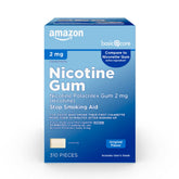 Amazon Basic Care uncoated gum packaging shows 2 mg original flavor for cravings relief.