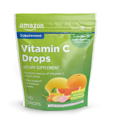 Amazon Basic Care Vitamin C Drops bottle with citrus flavors for daily vitamin C.