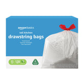 Amazon Basics 13-gallon tall trash bags with drawstring ready for easy disposal.