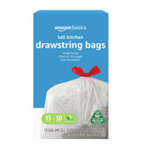 Amazon Basics 13-gallon tall trash bags in a drawstring pack for easy ties.