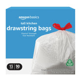 Amazon Basics 13-gallon tall trash bags in packaging image, ideal for kitchen use.