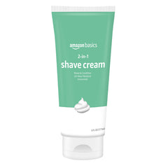 Amazon Basics 2-In-1 Shave Cream tube front view, fragrance-free for sensitive skin.