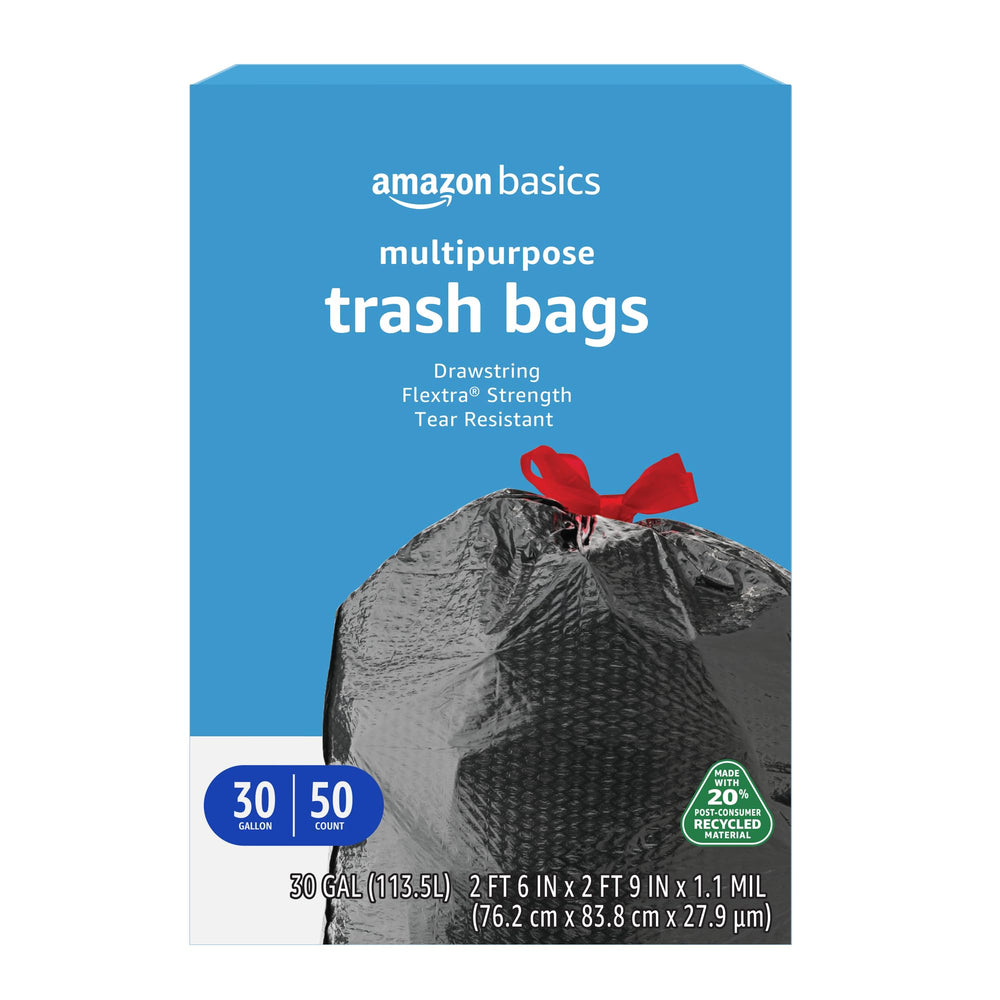 Amazon Basics 30-gallon flextra embossed bags resist tears during heavy disposal