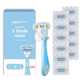 Amazon Basics 5 Blade Razor for Women with blue handle for a smooth, controlled shave