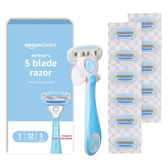 Amazon Basics 5 Blade Razor for Women with blue handle for a smooth, controlled shave