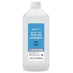 Amazon Basics 70% isopropyl alcohol bottle front for first aid and surface sanitization.