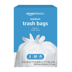 Amazon Basics 8-gallon bags with fresh scent for odor control in kitchens.