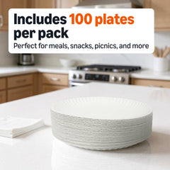Amazon Basics 9in uncoated white paper plates suitable for short-term microwave reheating.
