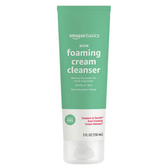 Amazon Basics Acne Cream Cleanser bottle back label shows 4% benzoyl peroxide content.