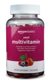 Amazon Basics bottle of adult multivitamin gummies with mixed berry and cherry flavors for daily use