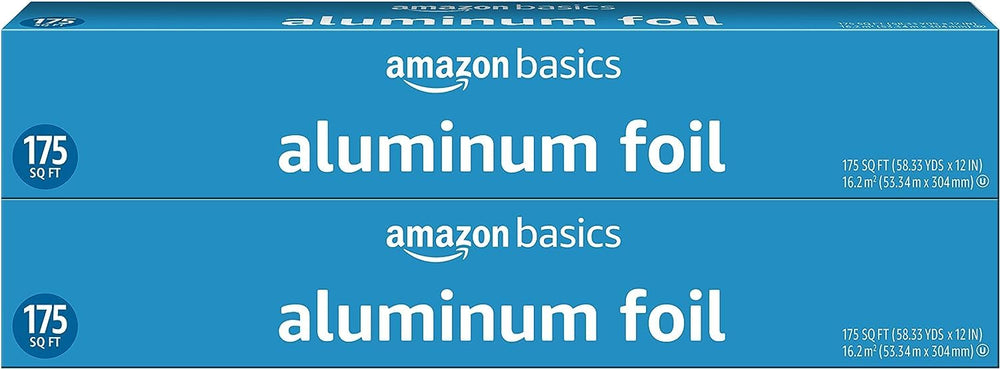 Amazon Basics aluminum foil two-rolls pack, perfect for versatile cooking and quick cleanup.