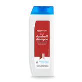Amazon Basics anti-dandruff 2-in-1 shampoo bottle showing the product and packaging for scalp care