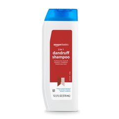 Amazon Basics anti-dandruff 2-in-1 shampoo bottle showing the product and packaging for scalp care
