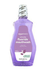 Amazon Basics anticavity mouthwash bottle showing violet mint flavor for daily care
