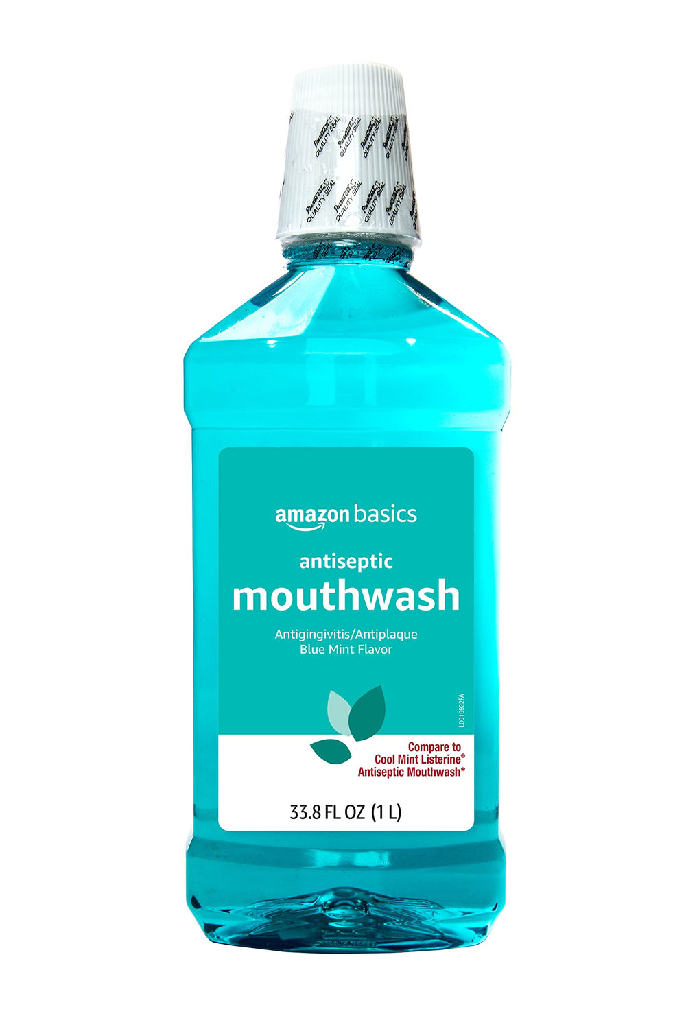Amazon Basics antiseptic mouthwash bottle in blue mint flavor for fresh breath
