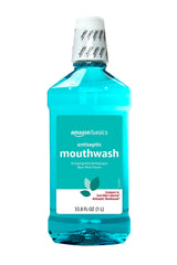 Amazon Basics antiseptic mouthwash bottle in blue mint flavor for fresh breath