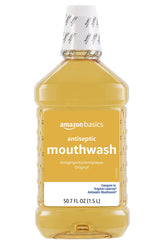 Amazon Basics antiseptic mouthwash original bottle front showing long-lasting 1.5L supply.