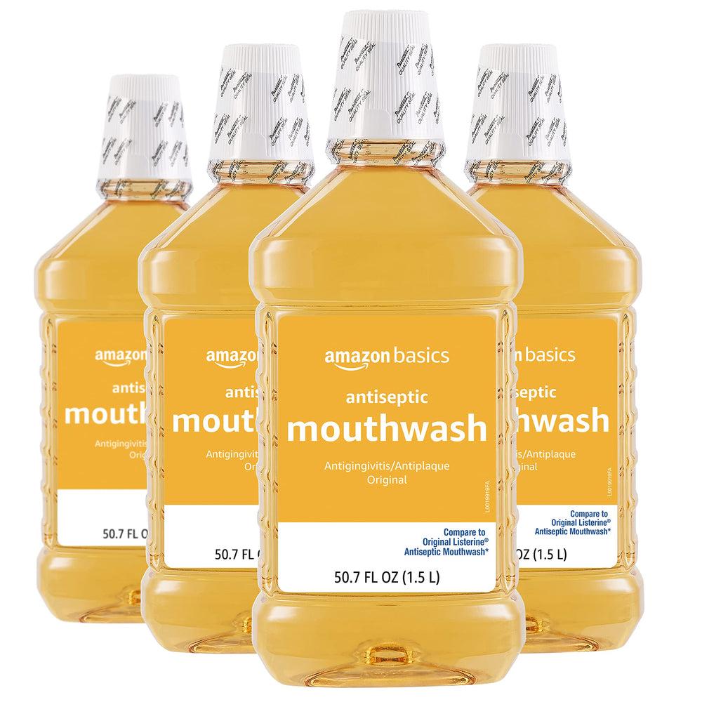 Amazon Basics antiseptic mouthwash original flavor bottle pour supports daily oral care.